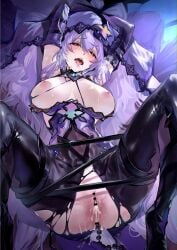 after_vaginal anal anal_beads anal_object_insertion arm_belt arms_up bar_censor black_boots black_pants black_swan_(honkai:_star_rail) blush boots breasts breasts_out breath censored commentary covered_navel cum cum_in_pussy cumdrip dress elbow_gloves feet_out_of_frame female from_above furrowed_brow gloves hair_spread_out half-closed_eyes highres honkai:_star_rail honkai_(series) kurotsuki_machi large_breasts long_hair looking_at_viewer lying m_legs nipples no_panties object_insertion on_back open_mouth orange_eyes pants purple_dress purple_gloves purple_hair purple_veil pussy restrained revision saliva sex_toy skindentation solo spread_legs sweat thigh_boots tongue tongue_out torn_clothes torn_pants torogao veil very_long_hair