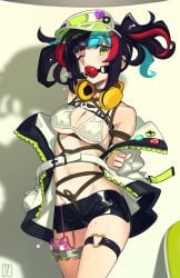 absurdres arms_behind_back ball_gag black_hair bondage bound breasts cad_(caddo) commentary_request crotch_rope drooling egg_vibrator fate/grand_order fate_(series) female gag gagged headphones highres jacket looking_at_viewer medium_breasts multicolored_hair navel one_eye_closed open_mouth pussy_juice red_hair saliva sei_shounagon_(fate) sex_toy shibari_over_clothes shorts skindentation solo standing stomach streaked_hair thigh_strap twintails underboob vibrator