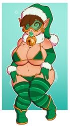 bikini bimbo bimbo_body bimbo_lips christmas christmas_headwear christmas_outfit elf elf_ears elf_female huge_breasts overwatch shortstack thick_thighs tracer wide_hips wiggle_lines wrenzephyr2