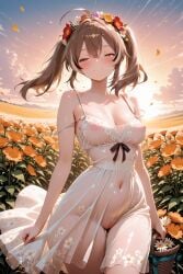 1girls ai_generated arbitrary blush breasts brown_hair covered_nipples dress female flower flower_in_hair flowers hololive hololive_english hololive_english_-council- medium_breasts nanashi_mumei nipples_visible_through_clothing no_bra no_panties outdoors pussy pussy_visible_through_clothes see-through solo sunset twintails virtual_youtuber vtuber wind