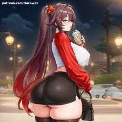 1girl ai_generated black_skirt boba_tea female genshin_impact hu_tao_(genshin_impact) hucow86 huge_ass looking_at_viewer looking_back plump skirt solo solo_female standing thighhighs underass voluptuous voluptuous_female white_shirt