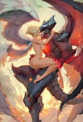 -_-abc 1boy 1girls aatrox ai_generated angel clouds demon demon_horns female flying grabbing grabbing_ass horn horns kayle league_of_legends male naked pussy sex sitting sitting_on_person sky tail vaginal_penetration wings
