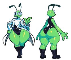 antennae_(anatomy) ass boots bug green_body gronkusdoesagig insect_humanoid insects labcoat latex_clothing leotard round_glasses thick_ass thick_thighs wide_hips
