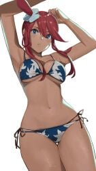 1girls armpits arms_up bikini blue_bikini blue_eyes breasts dark-skinned_female dark_skin female hair_ornament highres j@ck large_breasts looking_at_viewer navel nintendo one_side_up pokemon pokemon_bw print_bikini red_hair side-tie_bikini_bottom simple_background skyla_(pokemon) solo stomach swimsuit thigh_gap white_background