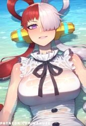ai_generated beach big_ass big_breasts big_butt big_thighs blush hair_over_one_eye huge_ass huge_butt huge_thighs lying meodium_breasts multicolored_hair one_piece outdoors purple_eyes red_hair twintails uta_(one_piece) wanuze wet white_hair wide_hips wind_lift