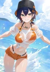 1girls absurdres belle_(summer_skies)_(zenless_zone_zero) belle_(zenless_zone_zero) bikini black_hat blue_eyes blue_hair blue_sky blush breasts bucket_hat cloud commentary_request crop_top day female flower green_eyes hat highres horizon large_breasts looking_at_viewer motion_blur navel ocean official_alternate_costume open_mouth orange_bikini orange_shorts shirt short_twintails shorts sky solo splashing stomach swimsuit twintails wading water weimiaw wet wet_clothes wet_shirt white_shirt zenless_zone_zero