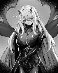 1girls big_breasts bodysuit breasts clothed clothing facing_viewer female female_focus female_only genshin_impact greyscale hair_between_eyes hs_mollu huge_breasts large_breasts light-skinned_female long_hair looking_at_viewer monochrome ronova_(genshin_impact) simple_background solo solo_female solo_focus symbol-shaped_pupils uncensored unusual_pupils v_arms very_long_hair wings wings_on_back