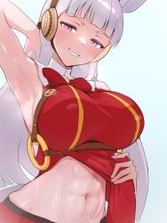 1girls abs absurdres animal_ears arm_up armpits bow breasts clothes_lift commentary english_commentary female gold_ship_(umamusume) grey_hair grin highres horse_ears horse_girl katosh large_breasts lifting_own_clothes long_hair navel pink_eyes presenting_armpit red_bow red_shirt shirt shirt_lift sleeveless sleeveless_shirt smile solo sweat teeth toned toned_female umamusume