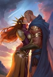 -_-abc 1boy 1girls ai_generated armor armored_female cape clothed cloud clouds female galaxy kissing league_of_legends leona_(league_of_legends) male muscular pantheon red_hair shooting_star sky wholesome