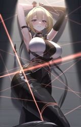 1girls absurdres arm_strap armpits arms_up black_choker black_gloves black_pants blonde_hair blush bound bound_wrists breasts choker cleavage clenched_teeth commentary elbow_gloves evelyn_chevalier female gloves highres large_breasts looking_at_viewer mintz912 mole mole_under_eye pants purple_eyes see-through_cleavage see-through_clothes single_elbow_glove sleeveless solo teeth tight_clothes tight_pants zenless_zone_zero