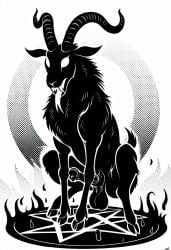 ai_generated black_and_white cookie-girl demon_horns demonic equine_penis fangs feral fire forked_tongue goat goat_horns goat_tail hooves magic_circle summoning summoning_circle