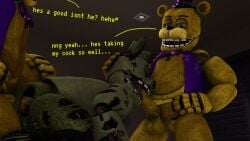 3boys anal_sex animatronic azzy_azphyr_(artist) bear dialogue english_text fellatio five_nights_at_freddy's five_nights_at_freddy's_3 fnaf fredbear_(fnaf) from_behind gay green_body living_machine male male/male/male male_only male_penetrating male_penetrating_male open_mouth penetration penis_in_mouth rabbit robot scottgames spring_bonnie_(fnaf) springtrap text threesome undead yellow_body