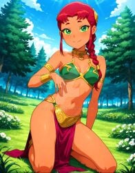 1female 1girls 2d 2d_(artwork) 2d_artwork ai_generated alien alien_girl alien_humanoid alien_only ankle_cuffs anklet bare_arms bare_legs bare_midriff bare_shoulders bare_thighs belly_button bikini bikini_top blue_sky blush blush blush_lines bra bracelet braided braided_hair braided_ponytail cleavage collar crossover elryusam female_only flowers flowers_in_background forest forest_background girl_only gold_(metal) gold_anklet gold_anklets gold_bracelets gold_collar gold_hair_ornament gold_jewelry golden_anklets golden_bracelets golden_collar golden_hair_ornaments green_bikini green_bikini_top green_bra green_eyes hair_ornament loincloth long_hair metal_collar midriff navel only_females only_girl orange_body orange_skin ponytail red_eyes red_loincloth slave slave_bikini slave_collar slave_leia slave_leia_(cosplay) slave_outfit slavegirl star_wars tamaranean thick_thighs tree trees