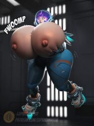 1girls ass_expansion breast_expansion breasts_bigger_than_head expandinator exposed_breasts female_only floating juno_(overwatch) massive_breasts onomatopoeia overwatch overwatch_2 solo_female suprised suprised_expresion thick_thighs