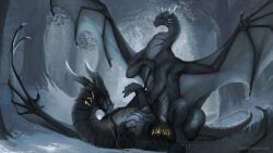 black_body black_claws black_scales claws dragon duo erection female feral feral_on_feral forest forest_background genitals hi_res horn jadedragoness male male/female membrane_(anatomy) membranous_wings mythological_creature mythological_scalie mythology nature nature_background penetration penile penile_penetration penis_in_pussy pink_pussy plant pussy scales scalie snow tree vaginal_penetration white_horn wings