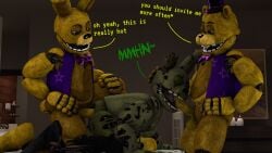 3boys anal_sex animatronic azzy_azphyr_(artist) bear dialogue english_text fellatio five_nights_at_freddy's five_nights_at_freddy's_3 fnaf fredbear_(fnaf) from_behind gay green_body living_machine male male/male/male male_only male_penetrating male_penetrating_male moan moaning open_mouth penetration penis_in_mouth rabbit robot scottgames spring_bonnie_(fnaf) springtrap text threesome undead yellow_body