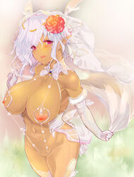 blush breasts collarbone dark-skinned_female dark_elf dark_skin detached_collar elbow_gloves elf female flower from_above fur_trim gloves hair_flower hair_ornament head_tilt highres large_breasts lavender_hair looking_at_viewer looking_up mokomoko_yanakku navel nipple_cutout nipples original parted_lips pink_eyes pointy_ears rose shawl short_hair sling_bikini solo standing swimsuit thighhighs veil