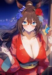 ai_generated animal_ears blue_eyes brown_hair el_condor_pasa_(umamusume) female horse_girl kimono long_hair looking_at_viewer mask masked umamusume umamusume_pretty_derby wet