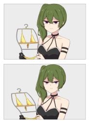 1girls 2d 2koma bikini bikini_removed chiru chirun0 female female_only girls_reacting_to_bikini_(meme) green_hair looking_at_object looking_at_viewer meme smile sousou_no_frieren ubel_(sousou_no_frieren) yellow_bikini