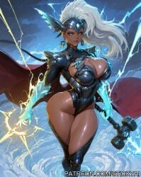 1girls action_pose ai_generated black_female blue_eyes cloud cosplay dark_skin lightning marvel marvel_rivals storm storm_(x-men) superheroine white_hair white_hair_female