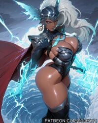 1girls action_pose ai_generated black_female blue_eyes cloud cosplay dark_skin lightning marvel marvel_rivals storm storm_(x-men) superheroine white_hair white_hair_female