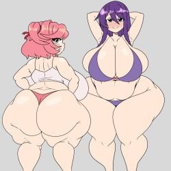 2girls bikini chubby doki_doki_literature_club height_difference huge_ass huge_breasts inakotho natsuki_(doki_doki_literature_club) simple_background thick_thighs yuri_(doki_doki_literature_club)