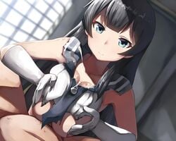 1boy admiral_(kantai_collection) agano_(kantai_collection) belko black_hair blue_eyes breast_squeeze breasts closed_mouth collarbone cum cum_on_body cum_on_upper_body dutch_angle female gloves indoors kantai_collection large_breasts lolicept looking_at_viewer navel paizuri smile straight straight_hair torn_clothes white_gloves window