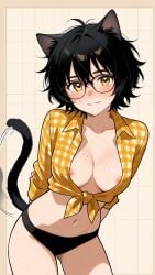 1girls ai_generated arms_behind_back bankonit black_hair black_panties blush cat_ears cat_tail catgirl cleavage collared_shirt contrapposto eyewear female freckles freckles_on_breasts freckles_on_face glasses hands_behind_back leaning_forward medium_breasts midriff navel nipple_slip nipples open_shirt panties parted_lips plaid_shirt shirt short_hair smile solo stable_diffusion tied_shirt wagging_tail yellow_eyes