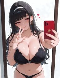 1girls ai_generated astra_yao black_haie breasts cleavage female large_breasts phone red_eyes selfie smile solo v zenless_zone_zero