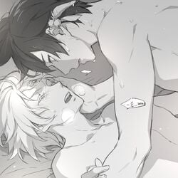 2boys anal asian asian_male blush duo gay lying male male_only mikleo_(tales) monochrome multiple_boys nude sex sorey_(tales) steam sweat tales_of_(series) tales_of_zestiria wince yaoi zehel_az