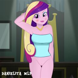 artist_name blush danielitamlp_(artist) dean_cadance equestria_girls female female_only hands_behind_head hasbro lipstick my_little_pony necklace partially_clothed princess_cadance_(mlp) smile solo solo_female vulva