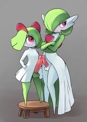 2boys balls big_penis comparing_penis crossed_arms duo frown full_length gardevoir girly humiliation jealous kirlia looking_away male male_gardevoir male_kirlia nintendo penis penis_comparison penis_size_difference pokemon pokemon_(species) pokemon_rse red_eyes size_difference somnamg stool touching_penis video_games wide_hips yaoi