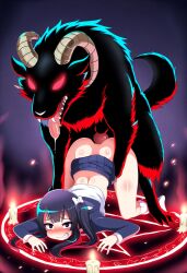 ai_generated canine_penis cookie-girl demon demon_horns demonic fangs feral_on_female feral_on_human feral_penetrating_human glowing_eyes goat_horns magic_circle red_eyes ritual_sex summoning summoning_circle zoophilia