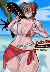 beach big_breasts bikini black_hair entity female_only glasses komasan_foot_enjoyer