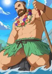 1boy abs absurdres bara beard commentary_request destroyer_(ni_no_kuni) facial_hair flaccid flower flower_necklace grass_skirt highres holding holding_polearm holding_weapon looking_at_viewer male_focus ni_no_kuni:_cross_worlds nipples ocean on_rock open_mouth pectorals penis polearm ponytail ryker sitting smile testicles weapon