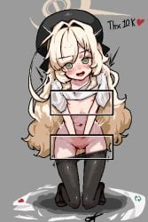 :d @_@ black_hat blonde_hair blue_archive blush clothes_pull collarbone commentary covering_crotch covering_privates cropped_shirt embarrassed female flat_chest full_body green_eyes grey_background hair_intakes halo hat holong5020 kneeling like_and_retweet long_hair looking_at_viewer navel nipples open_mouth pantyhose pantyhose_pull pixel_art professor_niyaniya_(blue_archive) pussy pussy_juice revealing_layer scissors shadow shirt short_sleeves simple_background smile solo t-shirt tearing_up twitter_strip_game v_arms very_long_hair white_shirt