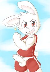 anthro balls clothing cloud erection flexing fur hair lagomorph long_ears male male_only mammal muscular oob open_mouth outside penis pink_nose rabbit red_eyes simple_background smile solo teeth uncut white_fur white_hair