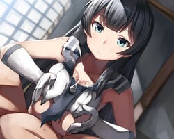 1boy agano_(kantai_collection) belko black_hair blue_eyes breast_squeeze breasts closed_mouth collarbone cum cum_on_body cum_on_upper_body dutch_angle female gloves indoors kantai_collection large_breasts lolicept looking_at_viewer navel paizuri smile straight straight_hair torn_clothes white_gloves window