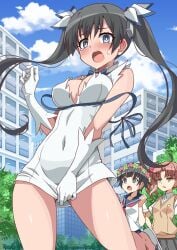 ass_visible_through_thighs bare_legs bare_shoulders bare_thighs belly_button_visible_through_clothing big_breasts black_eyes black_hair blue_eyes blush breasts brown_eyes brown_hair cleavage clothes_pull cosplay dungeon_ni_deai_wo_motomeru_no_wa_machigatteiru_darou_ka embarrassed flower_in_hair gloves hair_ribbon hestia_(danmachi)_(cosplay) long_hair one_leg_up open_mouth outdoors sandals saten_ruiko school_uniform shimouki_izui shiny_skin shirai_kuroko short_hair sleeveless_dress sweatdrop tears thighs to_aru_kagaku_no_railgun to_aru_majutsu_no_index twintails uiharu_kazari white_dress white_gloves