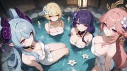 4girls bathroom blonde_hair blue_hair breasts elf elf_ears elf_female female female_only fox_ears fox_girl genshin_impact lumine_(genshin_impact) onsen pink_hair purple_eyes purple_hair raiden_shogun towel yae_miko yellow_eyes yumemizuki_mizuki