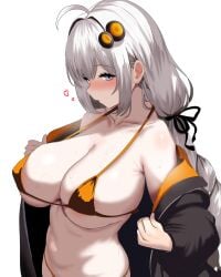 aroused bikini full-face_blush heart in_heat kizuna_akari large_breasts looking_to_the_side micro_bikini off_shoulder open_jacket orange_bikini voiceroid