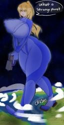 1girls blonde_hair blue_eyes crushing destruction female female_only full_body giantess huge_breasts juhbuhyuh metroid nipples_visible_through_clothing planetary_macro samus_aran skin_tight solo solo_female thick_thighs unaware