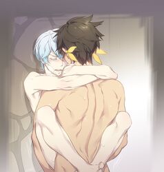 2boys against_wall anal anal_sex arms_around_neck asian asian_male barefoot beige_skin blush closed_eyes earrings gay light_skin male mikleo_(tales) multiple_boys nude penetration sex sorey_(tales) steam sweat tagme tales_of_(series) tales_of_zestiria tan_skin thrusting white_hair wince yaoi zehel_az