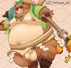 2025 96panda anthro balls belly big_belly blizzard_entertainment blush bodily_fluids canid canine clothing genital_fluids genitals hat headgear headwear hi_res kemono leaf male mammal micropenis moobs nipples overwatch overweight overweight_male penis precum raccoon_dog roadhog_(overwatch) small_penis solo tanuki tongue tongue_out