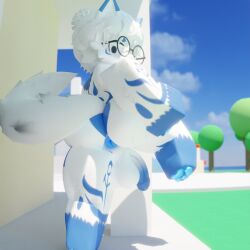 1boy 3d 3d_(artwork) 3d_model 3d_render anus background balls ballsack blue_marks blue_penis commission femboy fluffy_ears furry furry_only glasses hanging_balls hat male male_focus male_only nearlyepoint pawpads paws presenting_anus raised_leg roblox robloxian tail white_fur