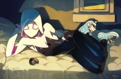 1female 1girls ass athletic_female bodysuit breasts converse costume cute female female_focus female_only fit_female ghost_spider gwen_stacy hips holding_leg laying_down laying_on_bed looking_at_viewer marvel marvel_comics mask masked masked_female optionaltypo petite petite_body petite_breasts sfw shoes shoulders_wider_than_hips skin_tight skinsuit skintight slim_waist small_breasts sneakers spider-gwen spider-man:_across_the_spider-verse spider-man:_into_the_spider-verse spider-man_(series) spider_web superheroine teenager thick_thighs thigh_gap thighs tiny_waist watch window