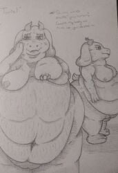 absurd_res anthro ass belly belly_overhang big_butt big_cheeks big_nipples blush blush_lines bovid breasts caprine elderly elderly_female female flabby_arms gizacloud goat hi_res lying mammal monster navel nipples on_front overweight overweight_female pose smile smiling_at_viewer solo solo_focus thick_thighs toriel traditional_media_(artwork) undertale_(series)