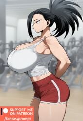 ai_generated anime black_eyes black_hair boku_no_hero_academia breasts_bigger_than_head exercise fantasyprompt female female female_only gigantic_breasts gym huge_breasts long_hair momo_yaoyorozu my_hero_academia narrow_waist shorts slim_waist tank_top thick_thighs tied_hair tight_clothing tight_fit wide_hips