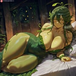 ai_generated bigbizarts curvy dress green_hair green_skinned_female laying_on_bed leaf_hair looking_away nightgown side_view slit_pupils thick_thighs wendy_(bigbizarts) wide_hips yellow_eyes