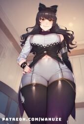 ai_generated big_ass big_breasts big_butt big_thighs black blake_belladonna blush bow huge_ass huge_butt huge_thighs long_sleeves medium_breasts pantyhose rwby standing wanuze white_shorts wide_hips yellow_eyes